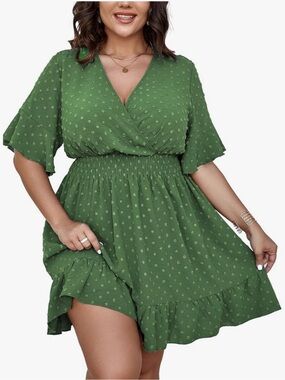 Green PLUS SIZE Smocked Waist V-Neck Mini Dress XXL NEW